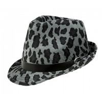 Fedora Hat - Leopard Print Fedora w/ Belted Band - Gray - HT-1118GY